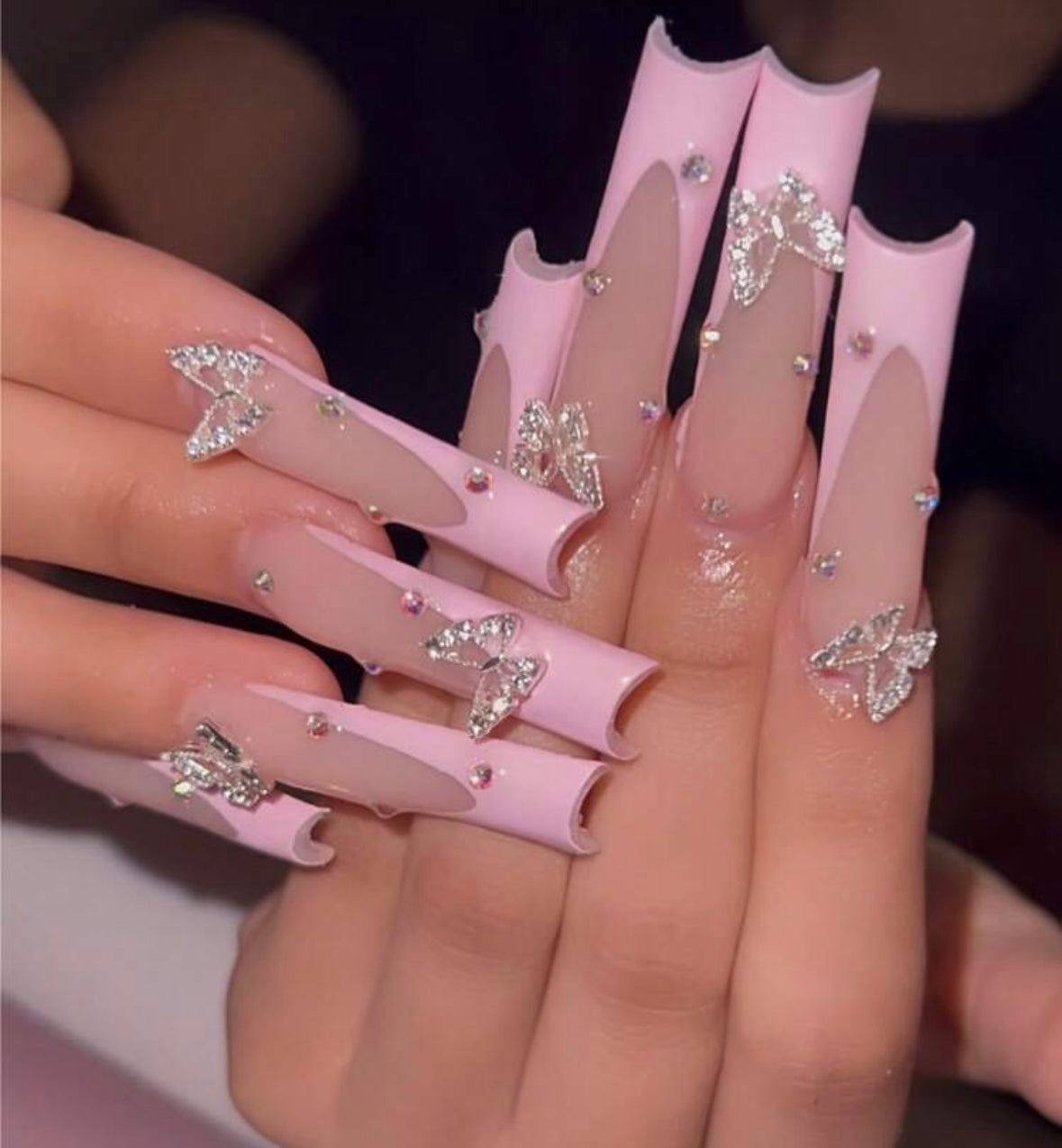 Pink 3D Butterfly French Tips - 3XL Coffin